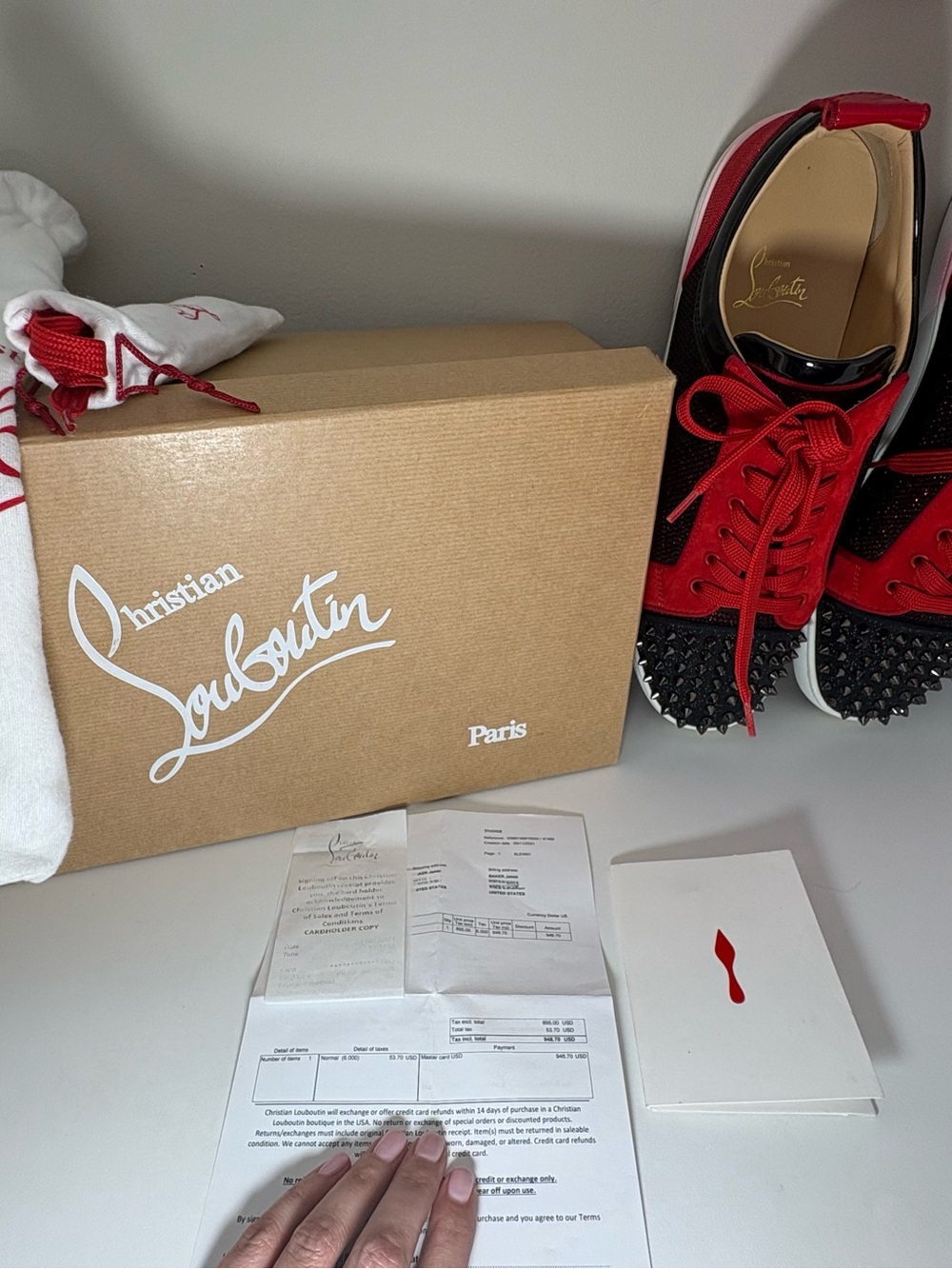 Christian Louboutin Red and Black Junior Spikes Orlato Flat CLF GLIT/MESH GLIT